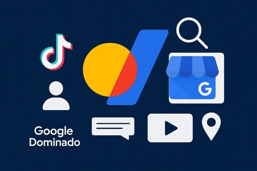 Imagem com fundo azul escuro exibindo uma coleção de ícones representando plataformas digitais e ferramentas de mídia social. Os ícones incluem o logotipo do TikTok, um ícone de pessoa estilizada, o texto "Google Dominado", o logotipo do Google AdSense com formas em amarelo, vermelho e azul, uma lupa representando busca, o ícone do Google Meu Negócio com uma fachada e a letra "G", um balão de fala, o botão de reprodução do YouTube e um marcador de localização. A composição sugere uma abordagem integrada de marketing digital, destacando o domínio de ferramentas do Google e a presença em redes sociais como TikTok e YouTube.