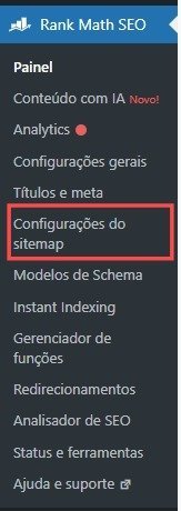 Captura de tela do menu do plugin Rank Math SEO dentro do painel do WordPress, exibindo diversas opções de configuração e gerenciamento de SEO. Os itens listados incluem: "Painel", "Conteúdo com IA Novo!", "Analytics", "Configurações gerais", "Títulos e meta", "Configurações do sitemap" (destacado com uma caixa vermelha), "Modelos de Schema", "Instant Indexing", "Gerenciador de funções", "Redirecionamentos", "Analizador de SEO", "Status e ferramentas" e "Ajuda e suporte". A imagem destaca visualmente a seção de configurações do sitemap, sugerindo foco na personalização da estrutura de URLs para otimização nos mecanismos de busca.