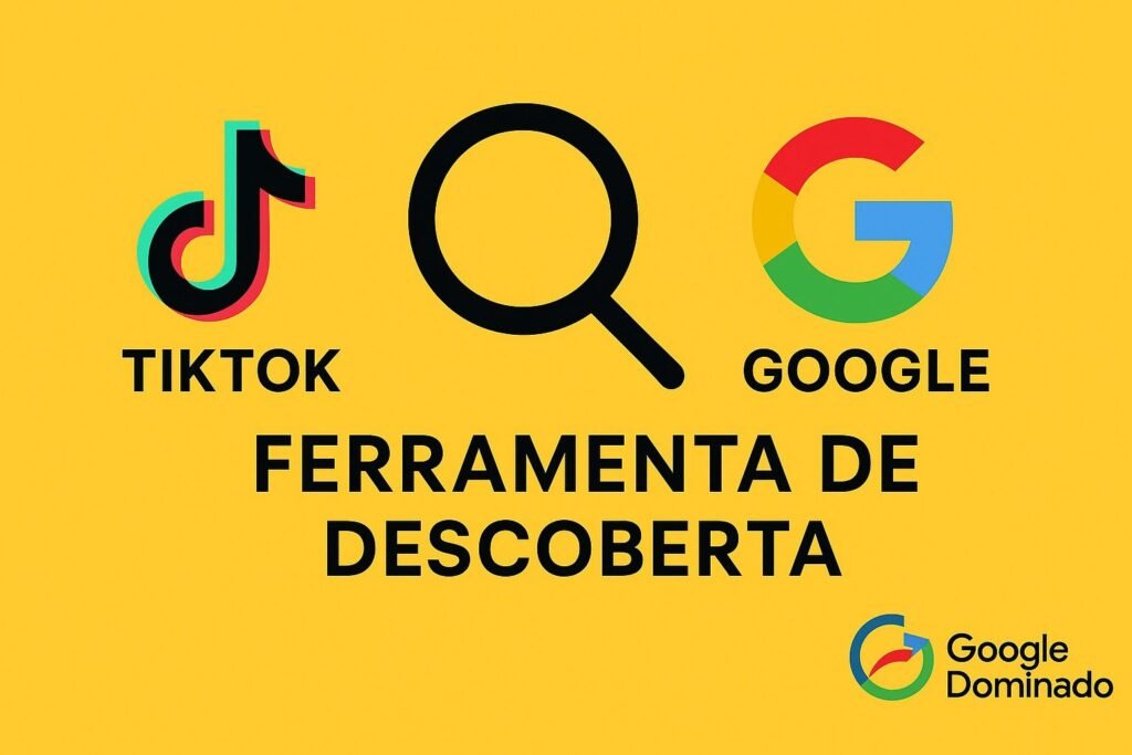 Imagem com fundo amarelo vibrante exibindo três elementos principais: o logotipo do TikTok à esquerda, um ícone de lupa central representando busca, e o logotipo do Google à direita. Abaixo dos ícones, aparece o texto "FERRAMENTA DE DESCOBERTA" em letras maiúsculas pretas, indicando o tema de exploração e pesquisa. No canto inferior direito, há um logotipo menor com as cores do Google acompanhado do texto "Google Dominado", sugerindo uma iniciativa ou projeto voltado para dominar as ferramentas de descoberta online. A composição visual destaca a ideia de que TikTok e Google são plataformas relevantes para busca e descoberta de conteúdo.