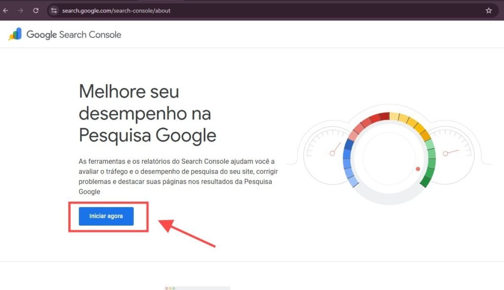 Captura de tela da página "Sobre" do Google Search Console, com URL "search.google.com/search-console/about", exibida em português. O título principal diz "Melhore seu desempenho na Pesquisa Google", seguido de um texto explicativo que destaca como as ferramentas e relatórios do Search Console ajudam a avaliar o tráfego e desempenho de pesquisa de um site, corrigir problemas e melhorar a visibilidade nos resultados da Pesquisa Google. À direita, há uma ilustração de um medidor de desempenho com segmentos coloridos que vão do azul ao vermelho. Um botão azul com o texto "Iniciar agora" está em destaque, cercado por uma caixa vermelha e uma seta apontando para ele, indicando o chamado à ação para começar a usar a ferramenta.