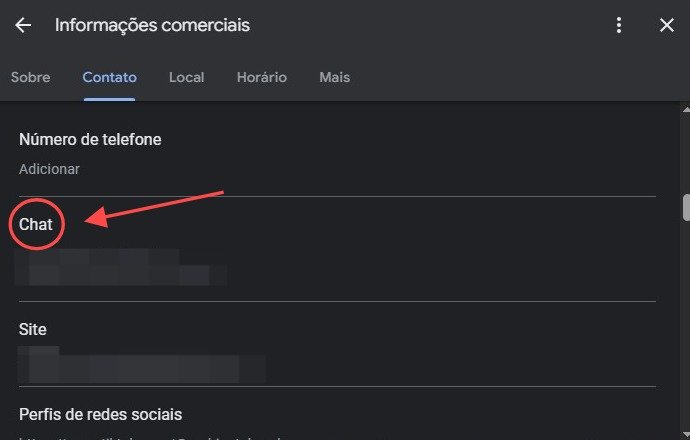Captura de tela de uma interface digital em português, possivelmente do perfil comercial de uma empresa no Google. A imagem está em modo escuro e exibe a seção "Contato", com abas superiores como "Sobre", "Contato", "Local", "Horário" e "Mais". A aba "Contato" está selecionada, revelando campos como "Número de telefone" com a opção "Adicionar", "Chat" destacado por uma seta vermelha e um círculo, "Site" com texto desfocado, e "Perfis de redes sociais", também com conteúdo borrado. A imagem enfatiza a funcionalidade de chat como parte das opções de contato disponíveis para o perfil comercial.