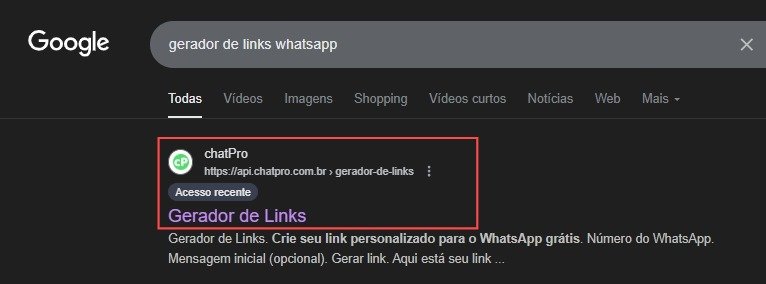Captura de tela de uma página de resultados do Google com a pesquisa "gerador de links whatsapp". O primeiro resultado exibido é do site "chatPro", com o link "https://api.chatpro.com.br/gerador-de-links", acompanhado da etiqueta "Acesso recente". O título do link é "Gerador de Links" e a descrição em português informa: "Crie seu link personalizado para o WhatsApp grátis. Número do WhatsApp. Mensagem inicial (opcional). Gere seu link. Aqui está seu link...". A interface apresenta o layout padrão do Google, com o campo de busca na parte superior e os resultados organizados abaixo, destacando uma ferramenta útil para criar links personalizados de WhatsApp voltados à comunicação direta entre empresas e clientes.