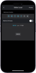 Captura de tela da interface de agendamento de horário comercial em um aplicativo móvel exibido em português, com o título "Editar Local" no topo. A tela apresenta os dias da semana abreviados como "S M T W T F S", e a opção "Aberto 24 horas" está desativada. Abaixo, há um intervalo de horário definido das 09:00 às 17:00, indicando o período de funcionamento para o dia selecionado. Também é visível um botão com o horário "09:00", possivelmente usado para ajustar o horário de abertura. A imagem representa a configuração personalizada de horários de funcionamento de um estabelecimento em uma plataforma de localização ou perfil comercial.