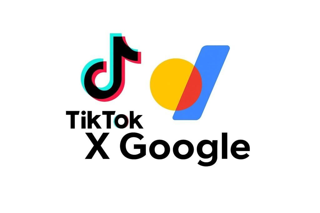(Tiktok é o novo Google). Imagem promocional exibindo os logotipos do TikTok e do Google lado a lado, sugerindo uma colaboração entre as duas marcas. À esquerda, o logotipo do TikTok apresenta o símbolo de nota musical estilizada nas cores vermelho, azul e preto. À direita, o logotipo do Google é representado pela letra "G" multicolorida em azul, vermelho, amarelo e verde. Abaixo dos logotipos, aparece o texto "TikTok X Google", com "TikTok" em negrito e "X Google" em fonte maior, ambos em preto. A imagem transmite visualmente a ideia de uma parceria ou integração entre as plataformas.